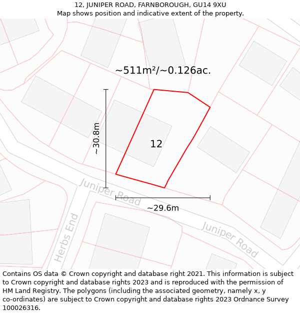 12, JUNIPER ROAD, FARNBOROUGH, GU14 9XU: Plot and title map