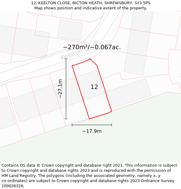 12, KEELTON CLOSE, BICTON HEATH, SHREWSBURY, SY3 5PS: Plot and title map