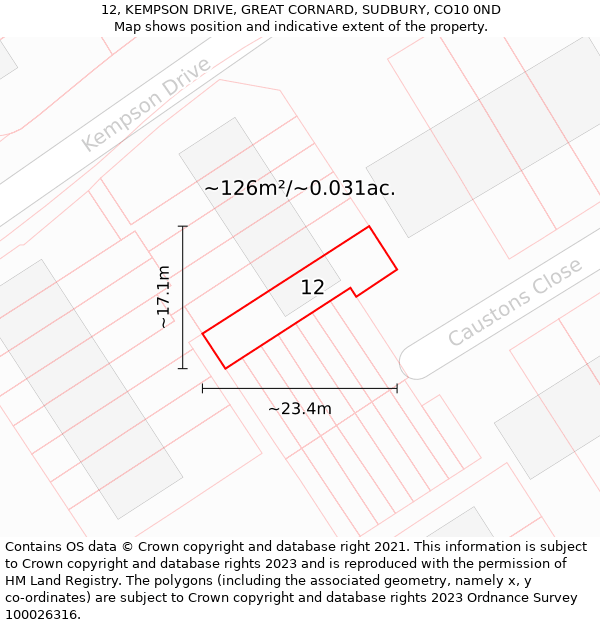 12, KEMPSON DRIVE, GREAT CORNARD, SUDBURY, CO10 0ND: Plot and title map