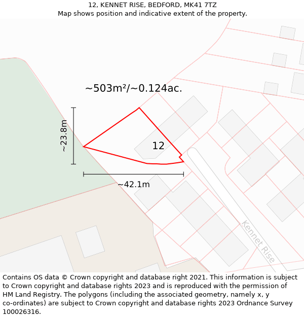 12, KENNET RISE, BEDFORD, MK41 7TZ: Plot and title map