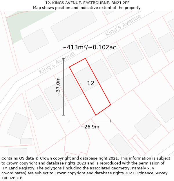 12, KINGS AVENUE, EASTBOURNE, BN21 2PF: Plot and title map