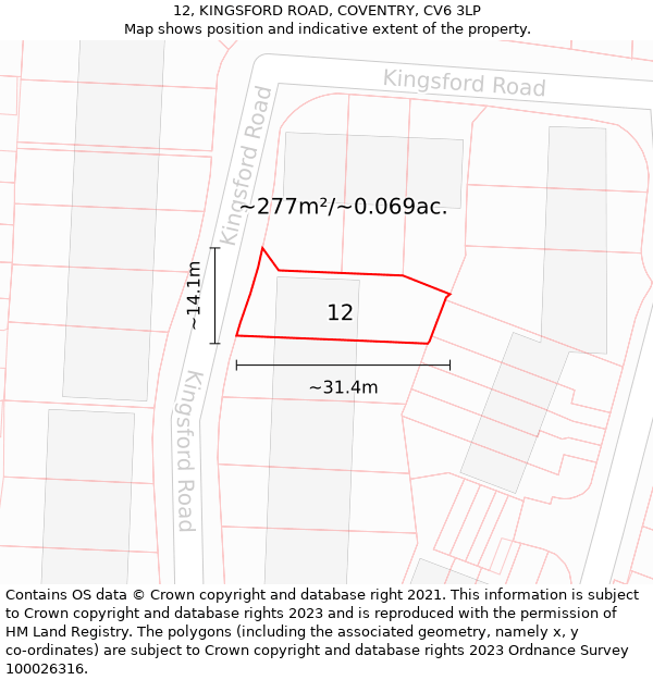 12, KINGSFORD ROAD, COVENTRY, CV6 3LP: Plot and title map