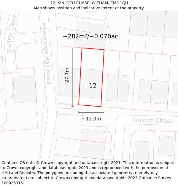 12, KINLOCH CHASE, WITHAM, CM8 1QU: Plot and title map