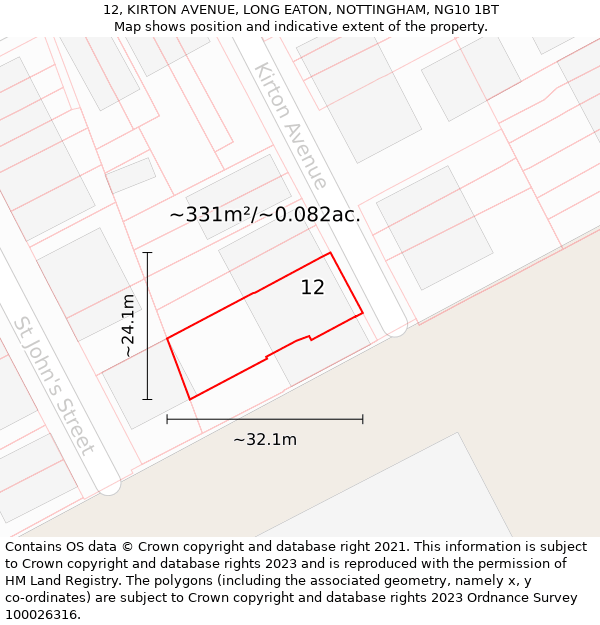 12, KIRTON AVENUE, LONG EATON, NOTTINGHAM, NG10 1BT: Plot and title map