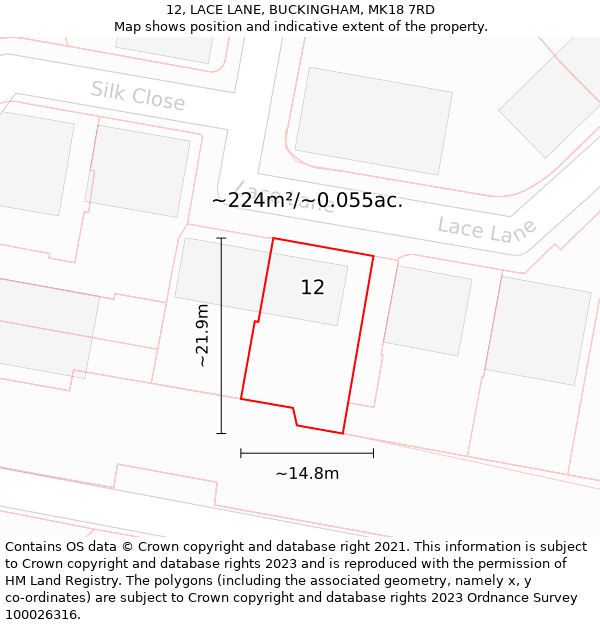 12, LACE LANE, BUCKINGHAM, MK18 7RD: Plot and title map