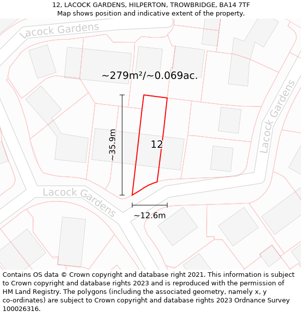 12, LACOCK GARDENS, HILPERTON, TROWBRIDGE, BA14 7TF: Plot and title map