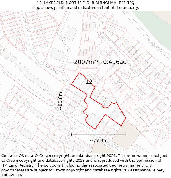 12, LAKEFIELD, NORTHFIELD, BIRMINGHAM, B31 1FQ: Plot and title map