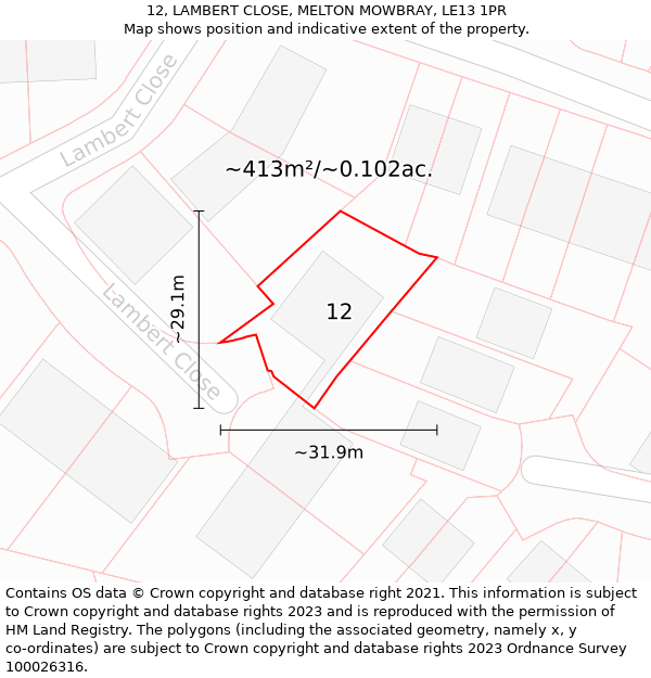 12, LAMBERT CLOSE, MELTON MOWBRAY, LE13 1PR: Plot and title map