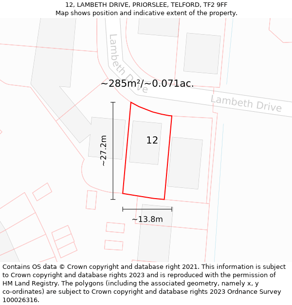 12, LAMBETH DRIVE, PRIORSLEE, TELFORD, TF2 9FF: Plot and title map