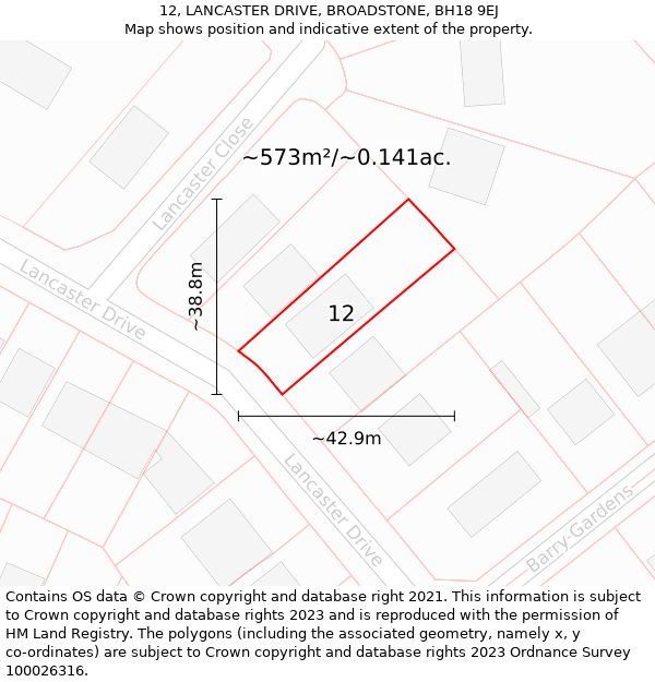 12, LANCASTER DRIVE, BROADSTONE, BH18 9EJ: Plot and title map