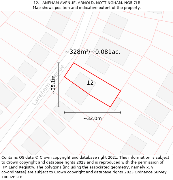 12, LANEHAM AVENUE, ARNOLD, NOTTINGHAM, NG5 7LB: Plot and title map