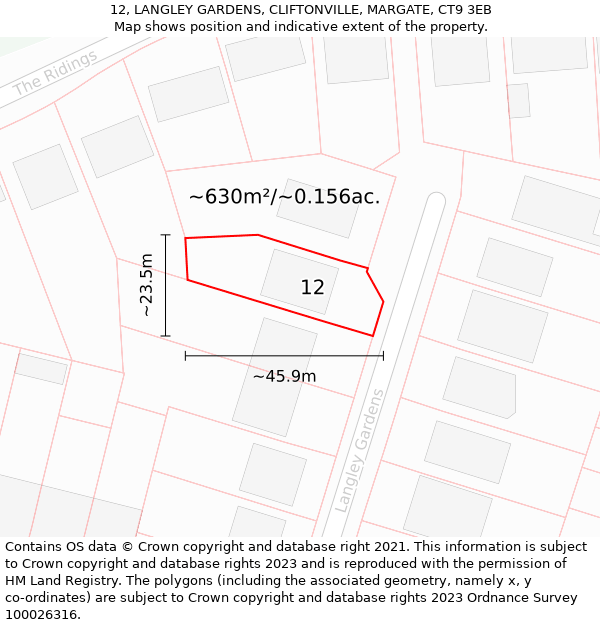 12, LANGLEY GARDENS, CLIFTONVILLE, MARGATE, CT9 3EB: Plot and title map