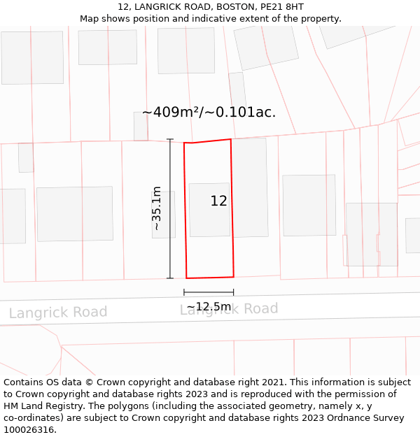 12, LANGRICK ROAD, BOSTON, PE21 8HT: Plot and title map