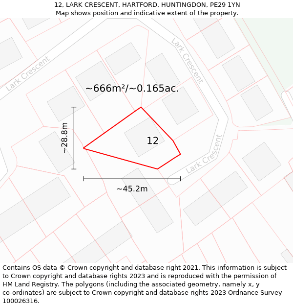 12, LARK CRESCENT, HARTFORD, HUNTINGDON, PE29 1YN: Plot and title map