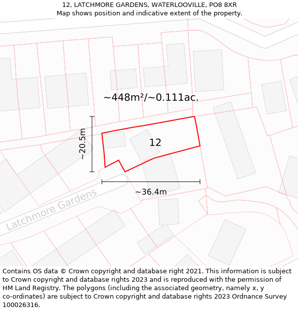 12, LATCHMORE GARDENS, WATERLOOVILLE, PO8 8XR: Plot and title map