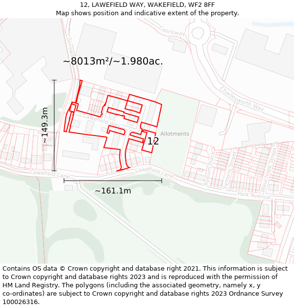 12, LAWEFIELD WAY, WAKEFIELD, WF2 8FF: Plot and title map