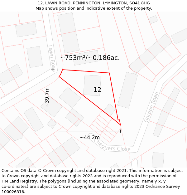 12, LAWN ROAD, PENNINGTON, LYMINGTON, SO41 8HG: Plot and title map