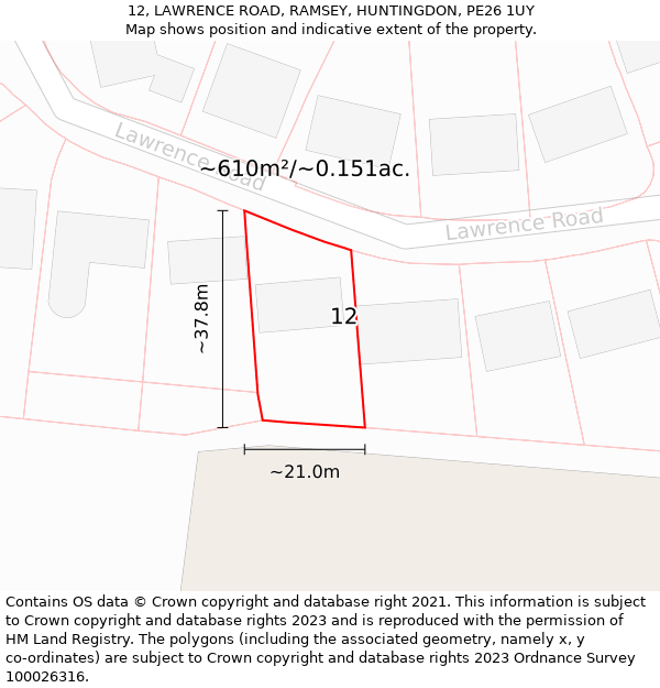 12, LAWRENCE ROAD, RAMSEY, HUNTINGDON, PE26 1UY: Plot and title map