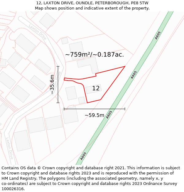 12, LAXTON DRIVE, OUNDLE, PETERBOROUGH, PE8 5TW: Plot and title map