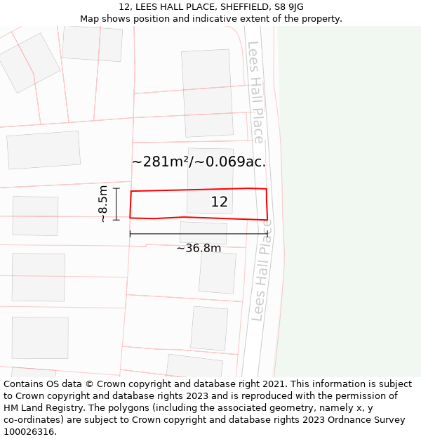 12, LEES HALL PLACE, SHEFFIELD, S8 9JG: Plot and title map