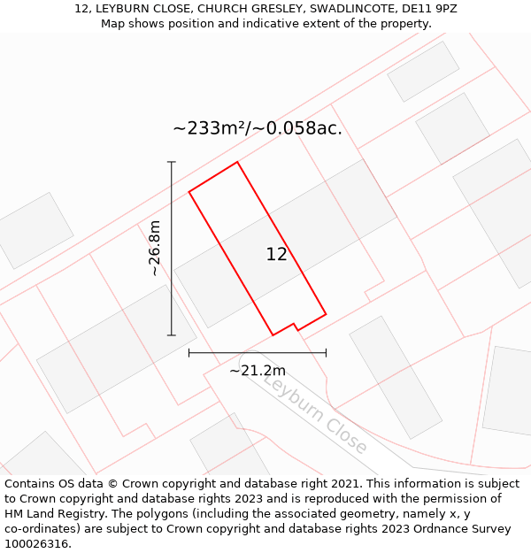 12, LEYBURN CLOSE, CHURCH GRESLEY, SWADLINCOTE, DE11 9PZ: Plot and title map