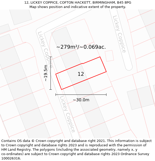 12, LICKEY COPPICE, COFTON HACKETT, BIRMINGHAM, B45 8PG: Plot and title map