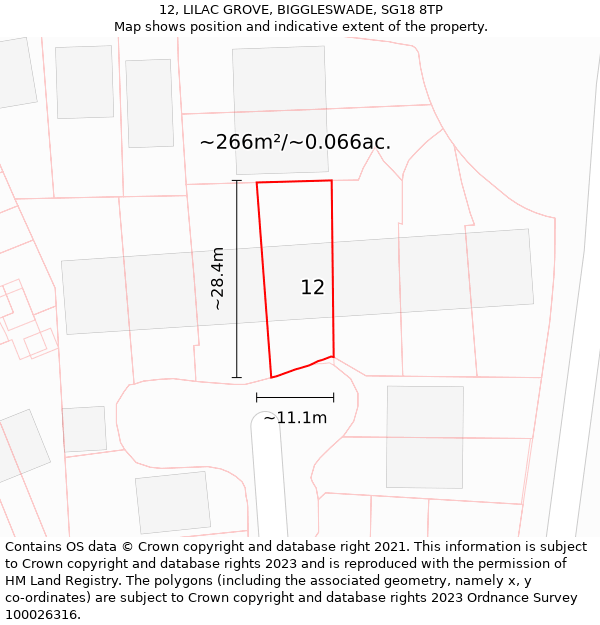 12, LILAC GROVE, BIGGLESWADE, SG18 8TP: Plot and title map