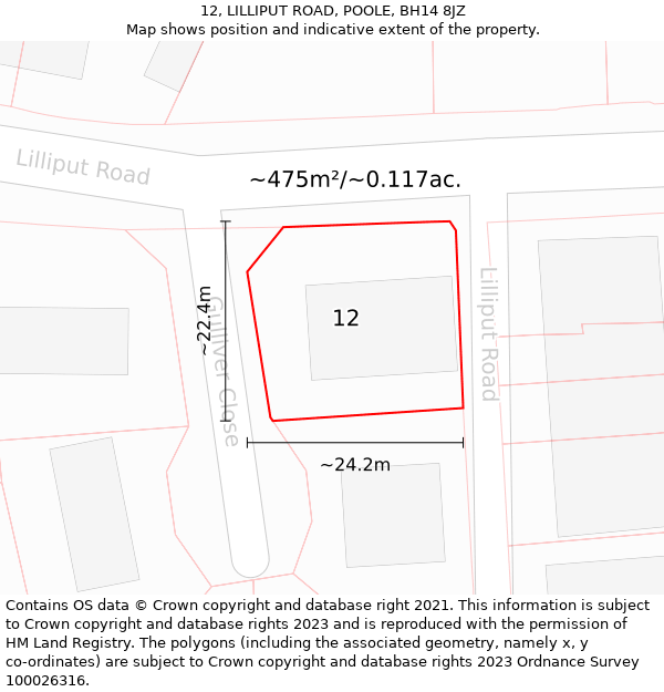 12, LILLIPUT ROAD, POOLE, BH14 8JZ: Plot and title map