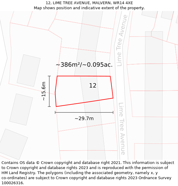 12, LIME TREE AVENUE, MALVERN, WR14 4XE: Plot and title map