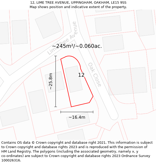 12, LIME TREE AVENUE, UPPINGHAM, OAKHAM, LE15 9SS: Plot and title map