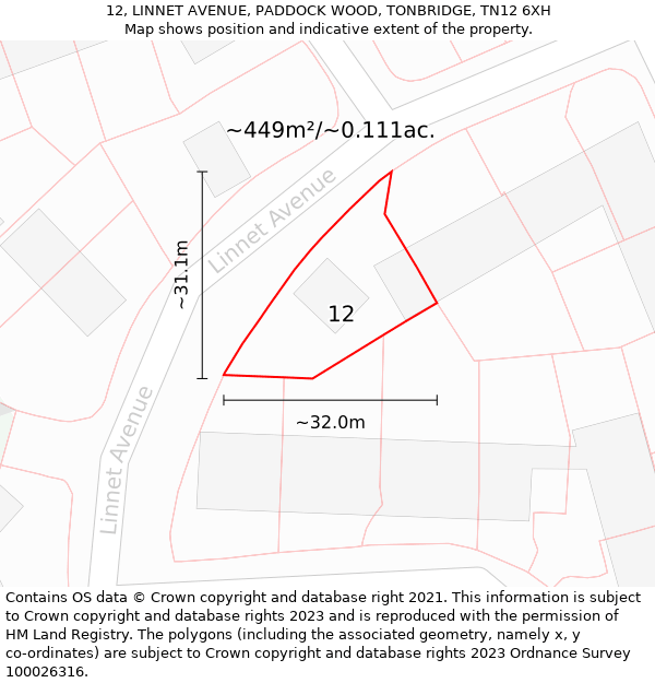 12, LINNET AVENUE, PADDOCK WOOD, TONBRIDGE, TN12 6XH: Plot and title map