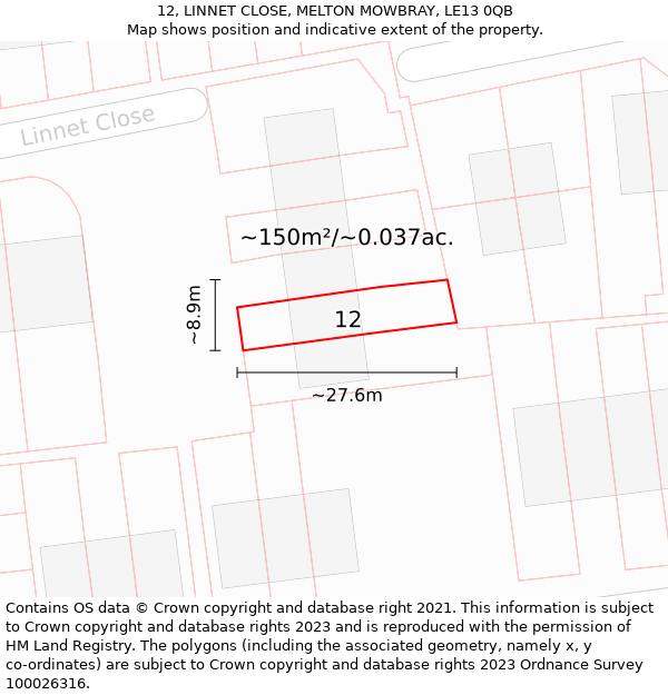 12, LINNET CLOSE, MELTON MOWBRAY, LE13 0QB: Plot and title map