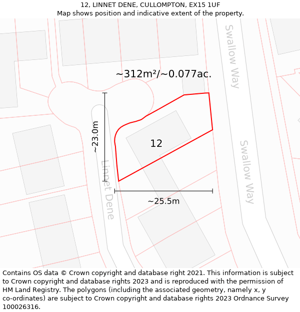 12, LINNET DENE, CULLOMPTON, EX15 1UF: Plot and title map