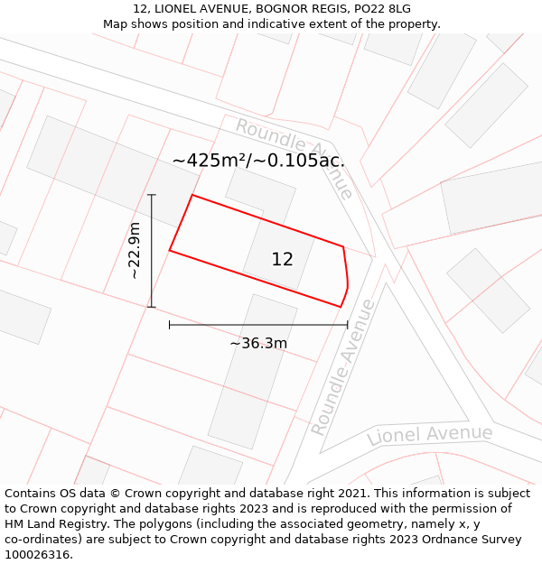 12, LIONEL AVENUE, BOGNOR REGIS, PO22 8LG: Plot and title map