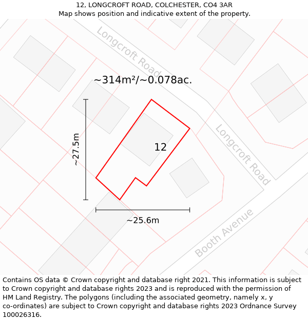 12, LONGCROFT ROAD, COLCHESTER, CO4 3AR: Plot and title map