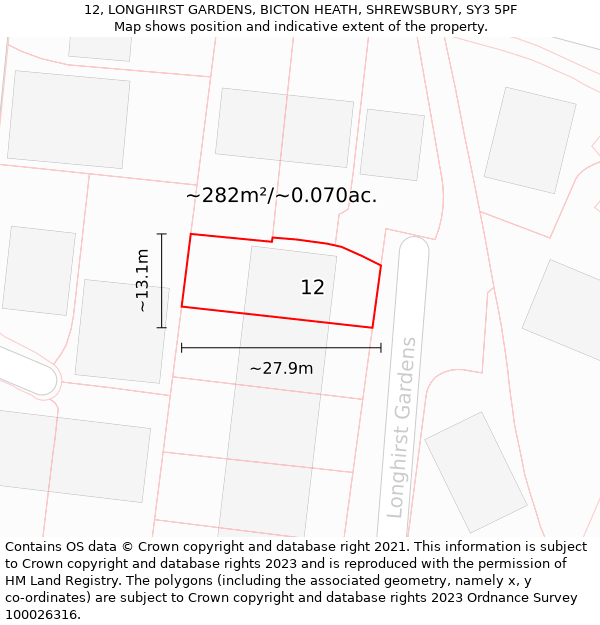 12, LONGHIRST GARDENS, BICTON HEATH, SHREWSBURY, SY3 5PF: Plot and title map
