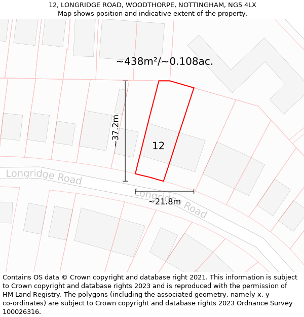 12, LONGRIDGE ROAD, WOODTHORPE, NOTTINGHAM, NG5 4LX: Plot and title map