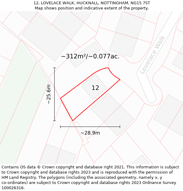 12, LOVELACE WALK, HUCKNALL, NOTTINGHAM, NG15 7ST: Plot and title map