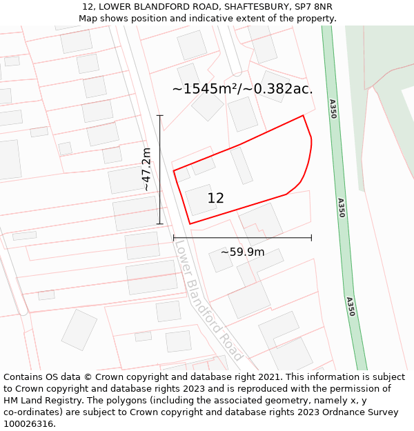 12, LOWER BLANDFORD ROAD, SHAFTESBURY, SP7 8NR: Plot and title map