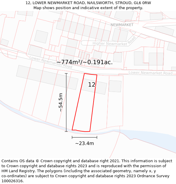 12, LOWER NEWMARKET ROAD, NAILSWORTH, STROUD, GL6 0RW: Plot and title map