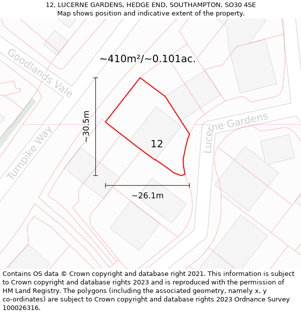 12, LUCERNE GARDENS, HEDGE END, SOUTHAMPTON, SO30 4SE: Plot and title map