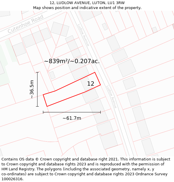 12, LUDLOW AVENUE, LUTON, LU1 3RW: Plot and title map