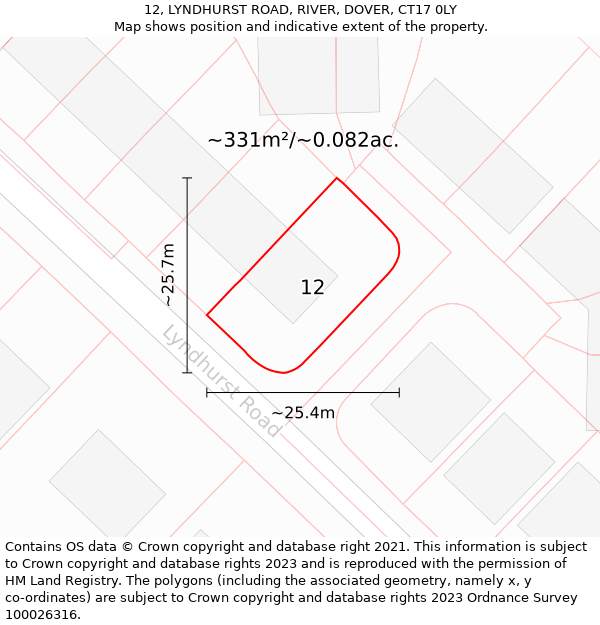 12, LYNDHURST ROAD, RIVER, DOVER, CT17 0LY: Plot and title map