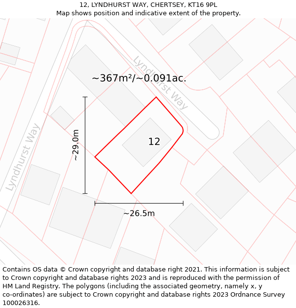 12, LYNDHURST WAY, CHERTSEY, KT16 9PL: Plot and title map