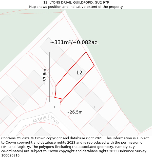 12, LYONS DRIVE, GUILDFORD, GU2 9YP: Plot and title map