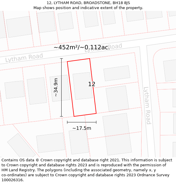 12, LYTHAM ROAD, BROADSTONE, BH18 8JS: Plot and title map