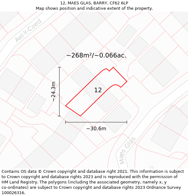 12, MAES GLAS, BARRY, CF62 6LP: Plot and title map