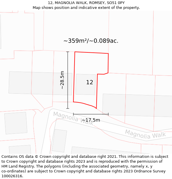 12, MAGNOLIA WALK, ROMSEY, SO51 0PY: Plot and title map