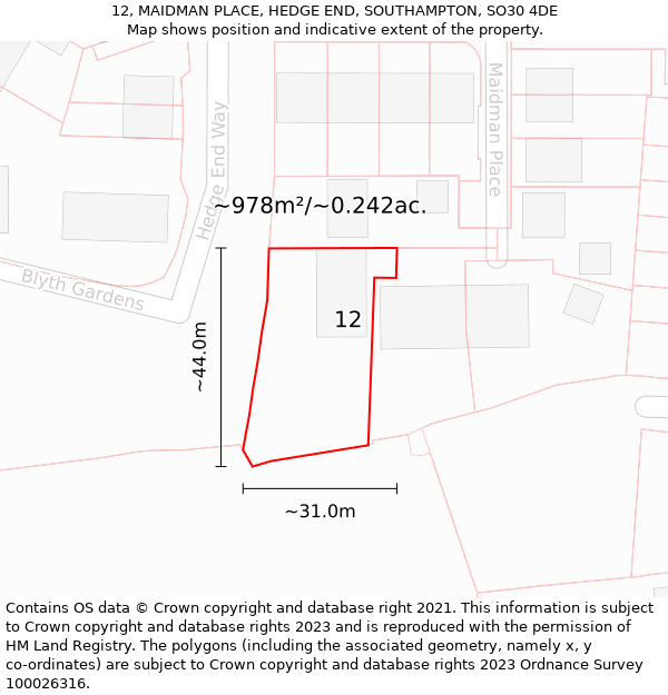 12, MAIDMAN PLACE, HEDGE END, SOUTHAMPTON, SO30 4DE: Plot and title map