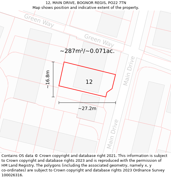 12, MAIN DRIVE, BOGNOR REGIS, PO22 7TN: Plot and title map